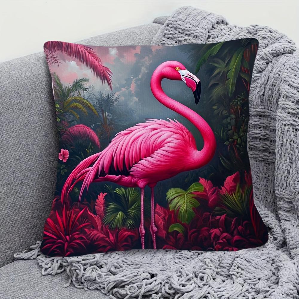 1 Stück Heißrosa Flamingo Tropische Blätter Kissenbezug - 18x18 Zoll Weiches Plüsch Dekoratives Cover, Einseitiger Druck, Reißverschluss,