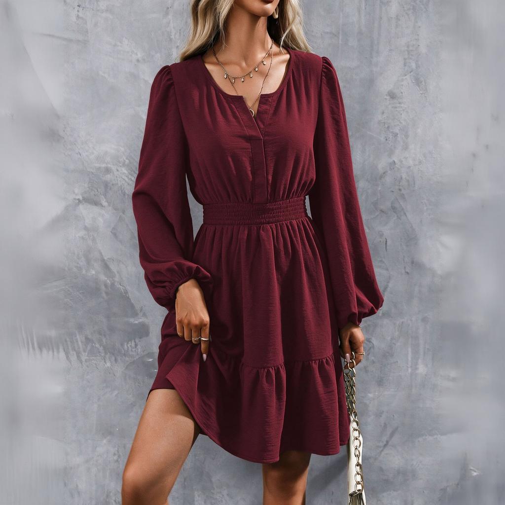 Women's Sleeve Smocked Waist A-Line Dress with Ruffle Hem for Casual Everyday Wear