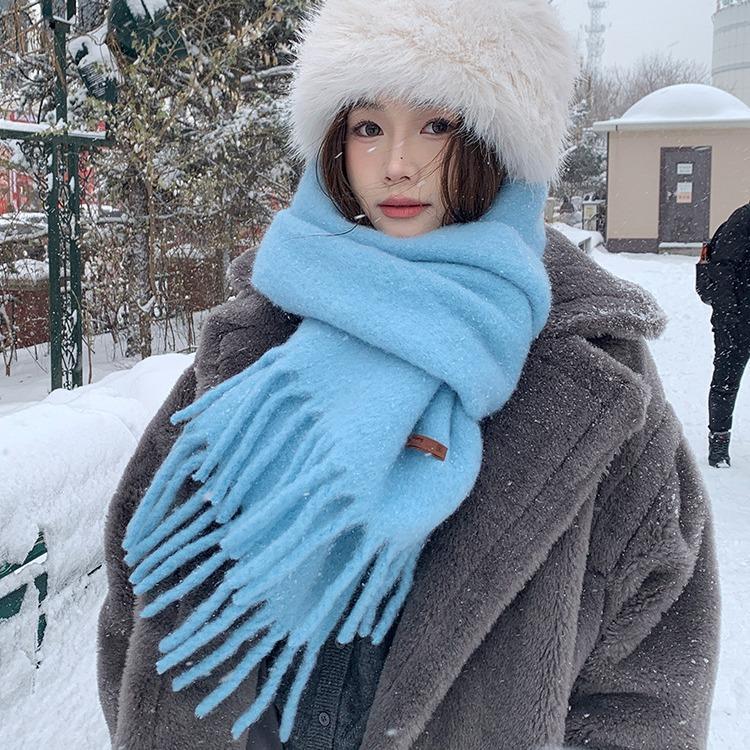 Iceland Sea Salt Blue Scarf for Women Winter Solid Color Versatile Wool Scarf for Men Warm Imitation Cashmere Shawl To Protect Against Cold