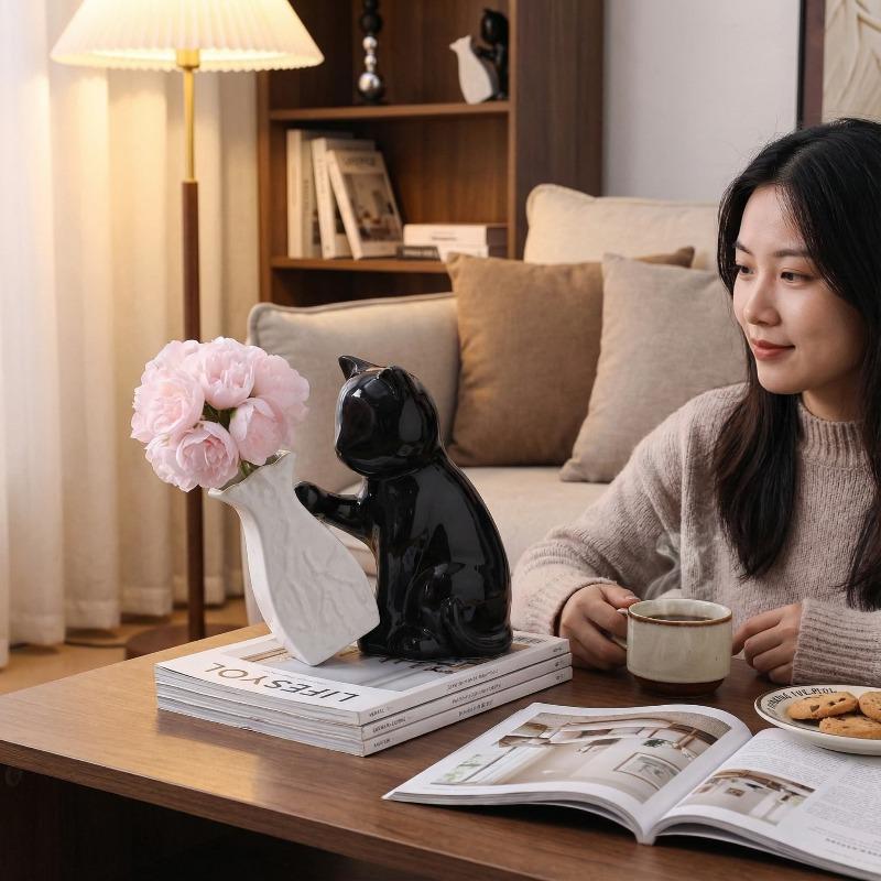 Creative Black Ceramic Cat Vase Countertop Decoration Fresh Flower Hydroponic Vase Abstract Cat Dining Table Living Room Decor