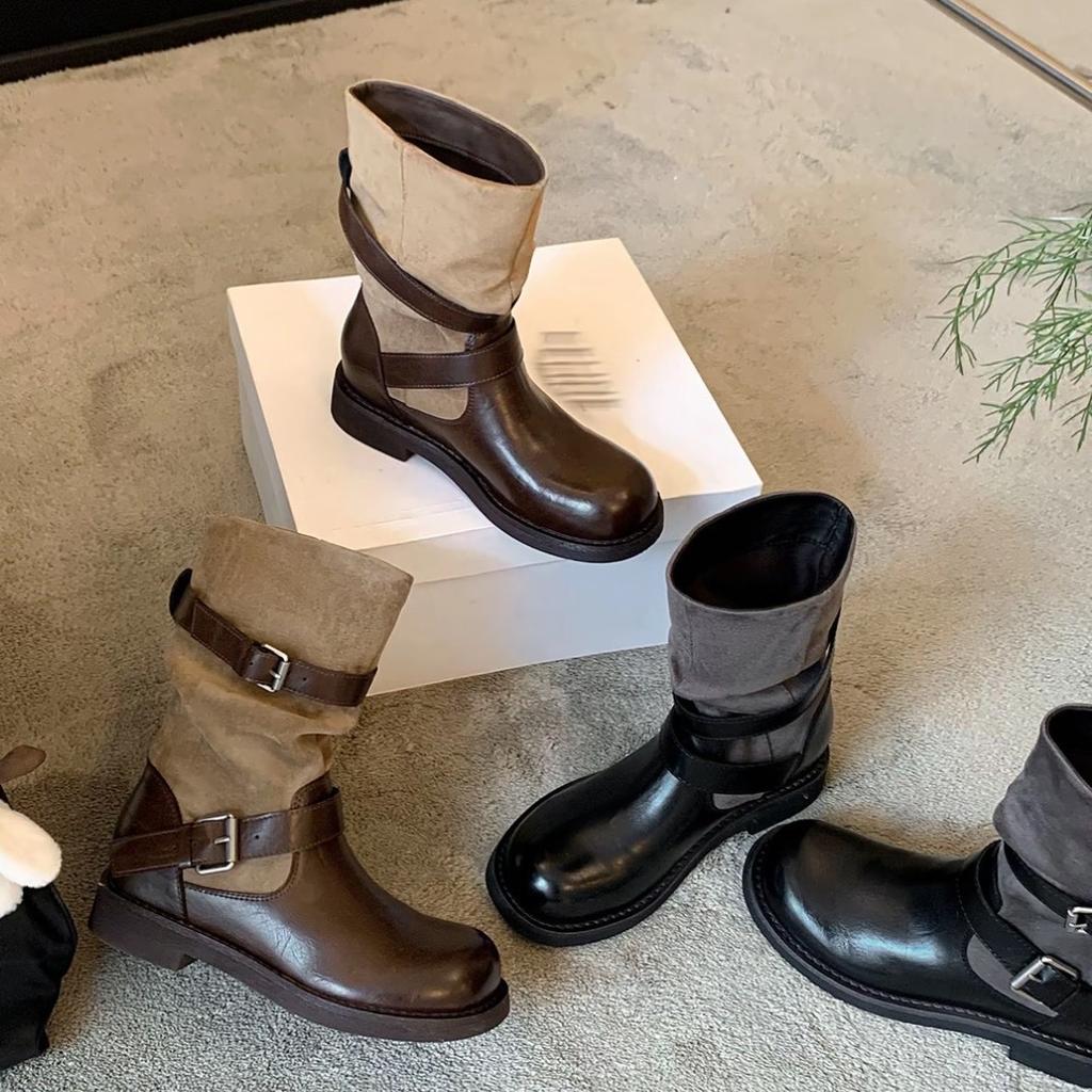 Inner height increase retro color matching belt buckle sleeve stacking boots women's new versatile round head thick heel western cowboy boots