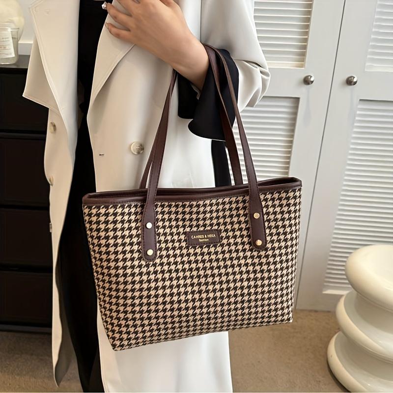 Retro Houndstooth Pattern Tote Bag, Large Capacity Shoulder Bag, Fashion Handbag For Work School Shopping