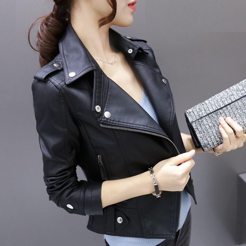2025 Women's Slim PU Leather Motorcycle Jacket - Spring/Autumn Trendy Short Coat In Plus Sizes, European & American Style
