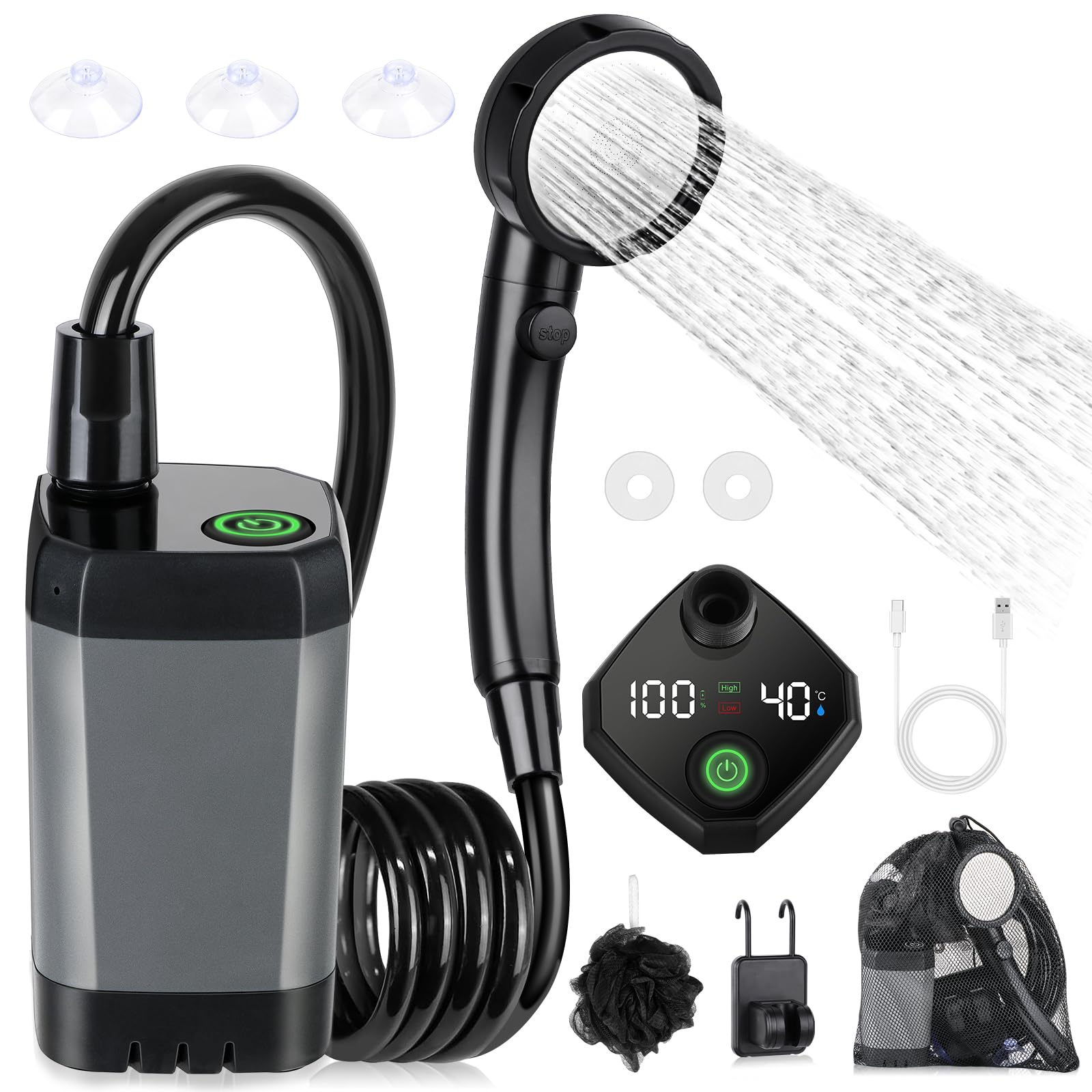 

Portable Shower [Four Water Modes] Tipkook Outdoor Electric Shower, USB Rechargeable, 6000mAh, Stepless Water Flow Adjustment, Simple Shower with Digi