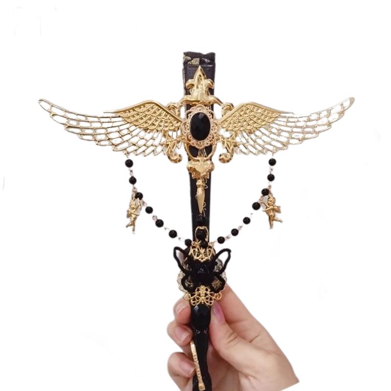 

Handmade Lolita Hand-Held Fans Virgin Mary Gorgeous Gem Heart Cross Pendant Angel Wings Folding Fan Wedding Dance Party Props Option 1 чёрный