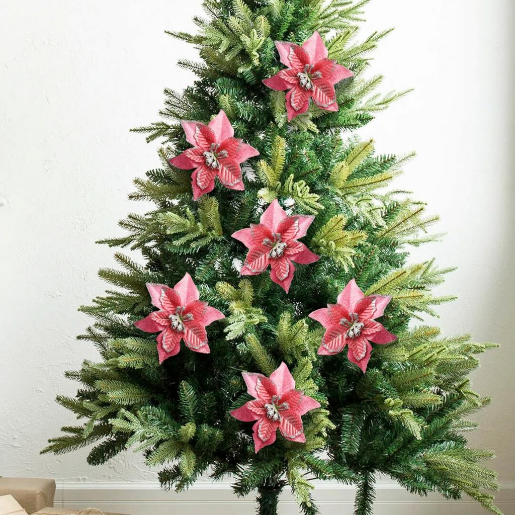 5/24PCS Glitter Artificial Poinsettia Christmas Tree Ornament Home Decor Flower