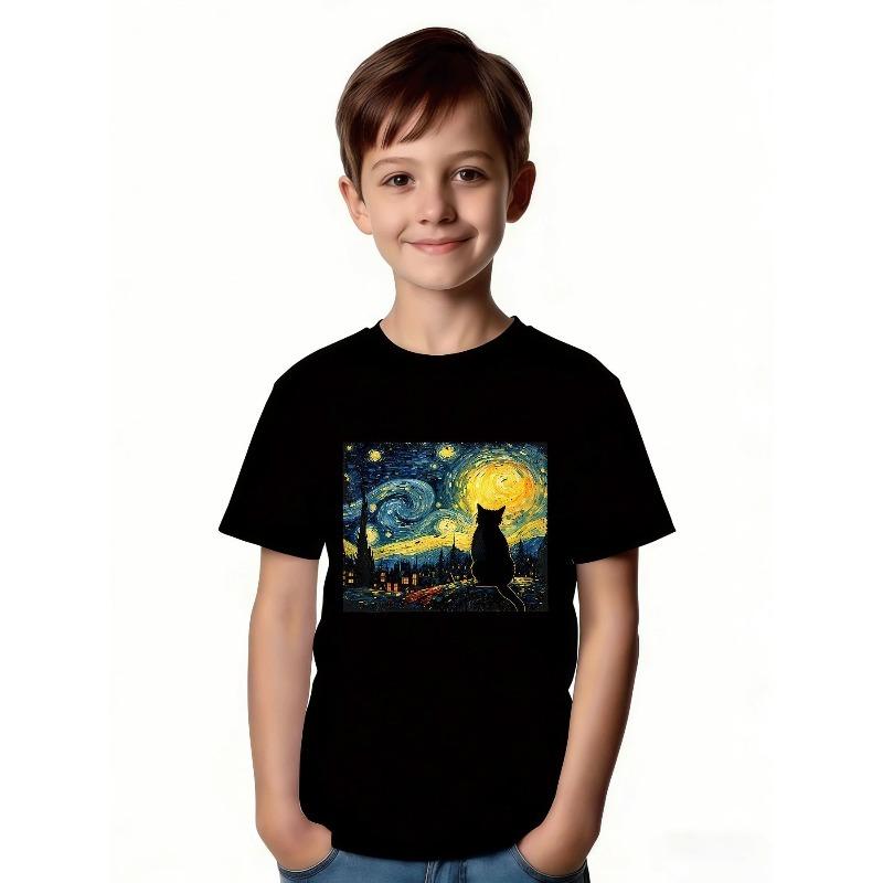 European Sizes Black Cat and Starlit Sky T-Shirt for Boys and Girls - Impressionist-style Charming Design, Short-sleeved Summer Casual Wear