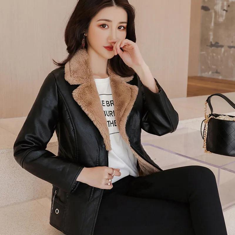 Women's Fall/Winter Fleece-Lined Thickened Warmness Slim-Fit PU Leather Jacket Solid Color Elegant Short Coat