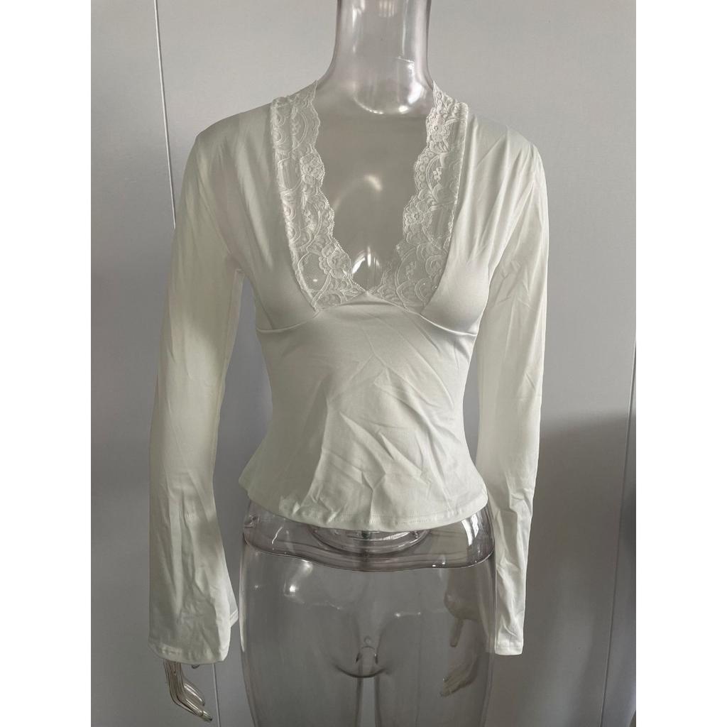 Women's Sexy Long Sleeve Slim Fit V-neck Lace Spliced Basic Top, Popular Casual Blouse for Daily Wear