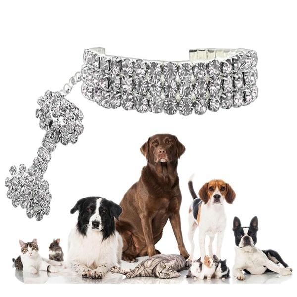 Chic Shiny Three Row Rhinestone Bone Pendant Puppy Dog Collar Pet Supply (Size:S,M,L)