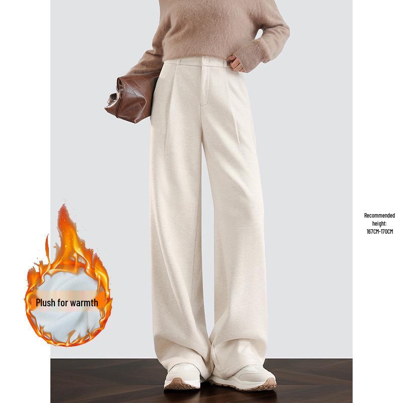 Women's Spring Style High-Waisted Oatmeal Wool Wide-Leg Fleece-Lined Pants