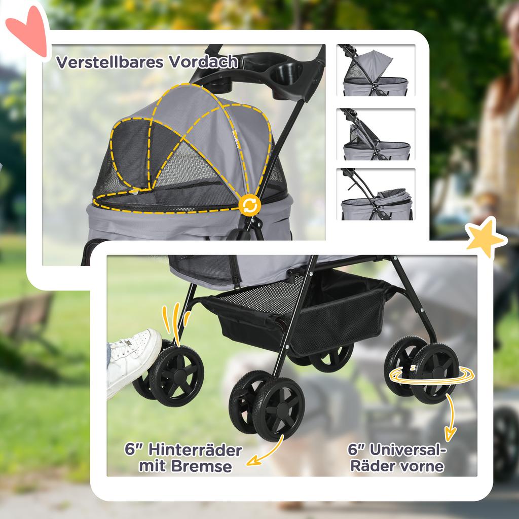 Dog Pram Dog Stroller Foldable Pet Pushchair with 4 Wheels, Safety Leashes, Cup Holder for Small Dogs, Grey
