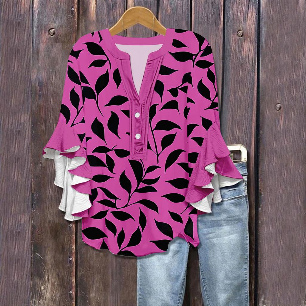 Women's Summer Tops V Neck Three-quarter Sleeves Floral Print Flowing Ruffle Sleeves Half-button Shirt