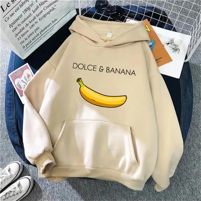Осень 2025 Мода Женская Толстовка с Капюшоном Dolce & Banana Принт Повседневная Флисовая Женская Толстовка с Капюшоном Хип-Хоп Пуловер Уличная Одежда Унисекс Толстовки S