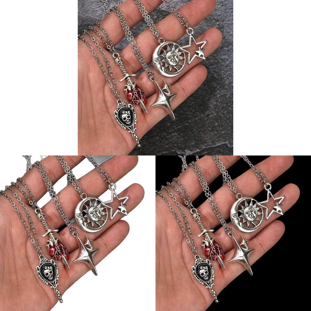 Gothic Punk Star Heart Moon Sun Skull Pendant Necklace For Women