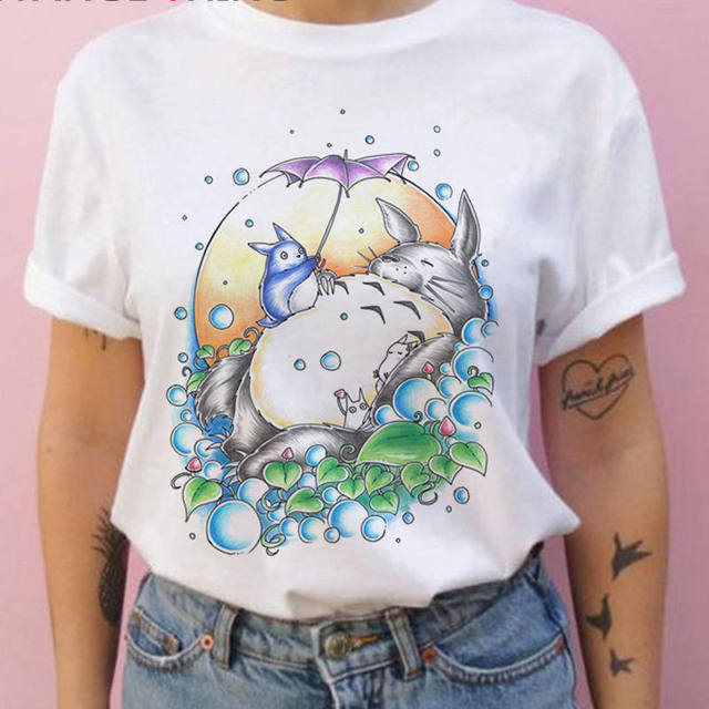 Summer 100% cotton T-shirt Studio Ghibli Totoro Harajuku style Kawaii Totoro Ghibli loose casual T-shirt women