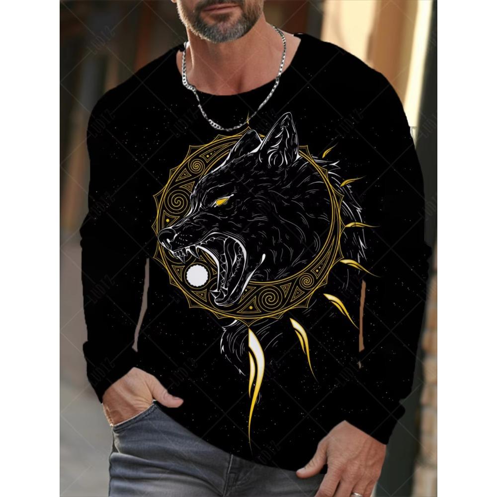 Animal Wolf Printed T-shirt Men Long Sleeve Casual Fashion T-shirt Personalized Comfortable Breathable Versatile Autumn T-shirt
