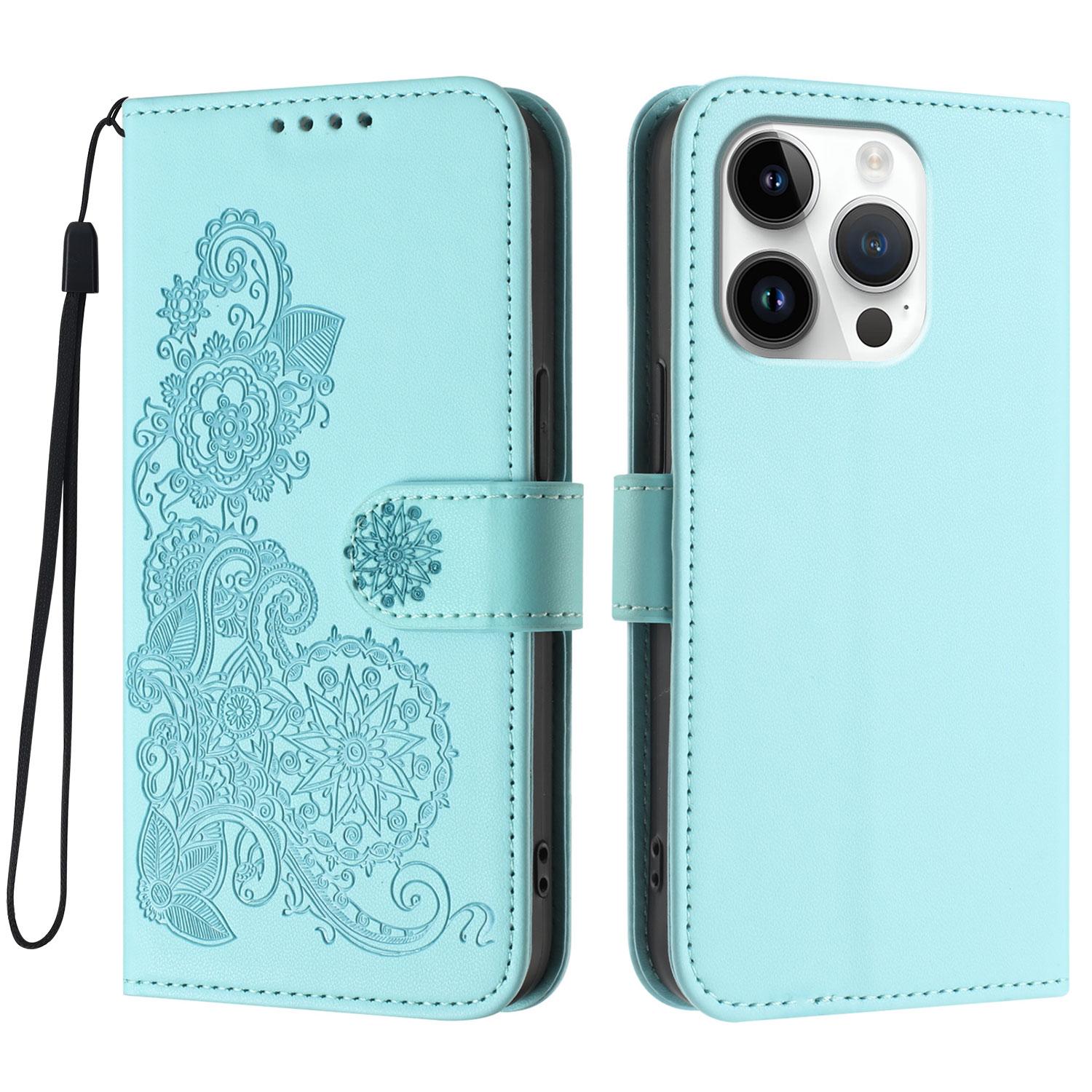 

For iPhone 16 Pro Phone Cases Mandala Flower Leather Wallet Mobile Cover with Strap Light Blue