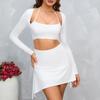 Ensemble jupe courte et tour de cou en soie de lait, ensemble deux pièces mode sexy européen et américain à manches longues et dévoilant le nombril
