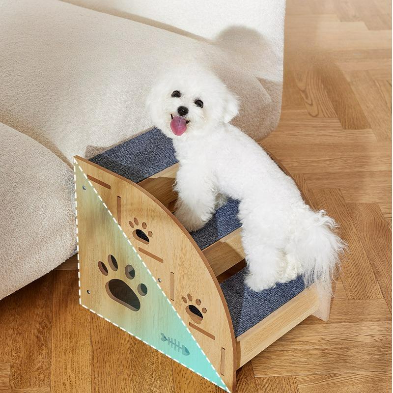 Wooden Dog Stairs Steps Non-Slip Blue Carpeted Steps Sturdy Pet Stairs Safe Pet Ladder Medium Dog Puppy Joint Safety Stairs