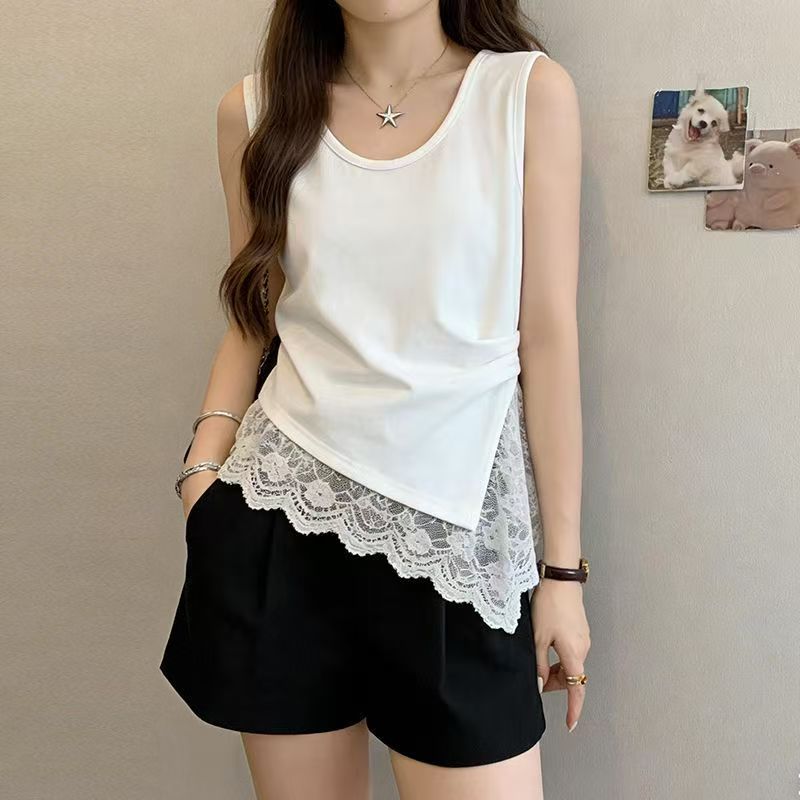 New Summer Women's Clothing with Irregular Design Lace French Sleeveless Tank Top T-Shirt