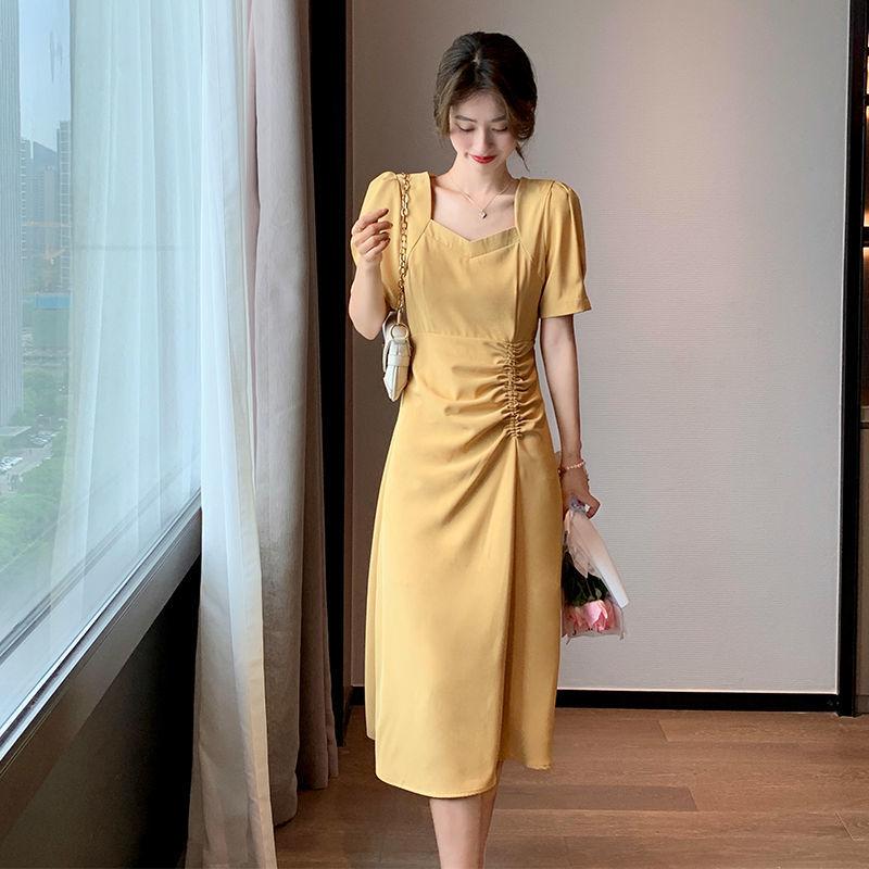 Vestido de verano de Color liso, elegante, con cuello cuadrado, cintura plisada, ajustado, manga de burbuja, vestido de moda