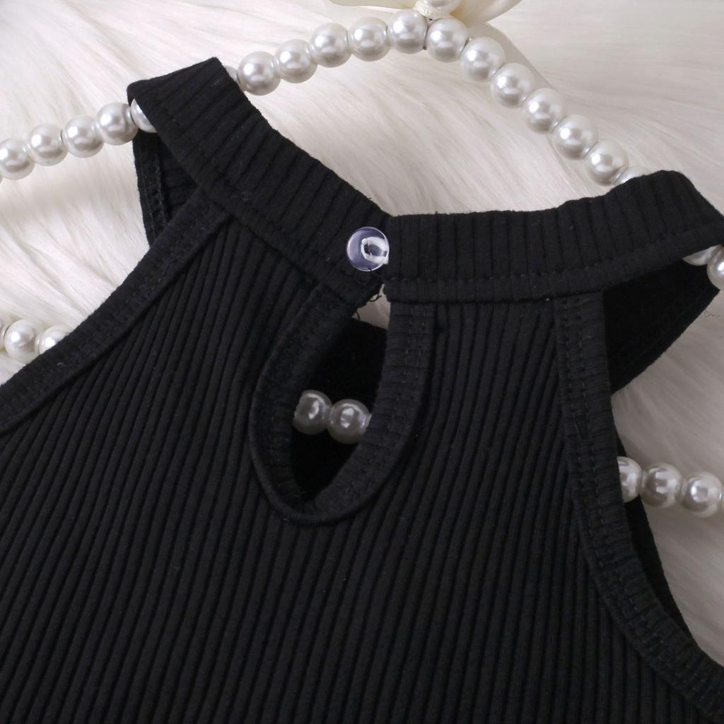 Κοριτσίστικο Σετ Μόδας Καλοκαιρινό Παιδικό Καθημερινό Αμάνικο Τοπ με Λαιμό Χάλτερ PU Δερμάτινο Σορτς Ζώνη Σετ Τριών Τεμαχίων