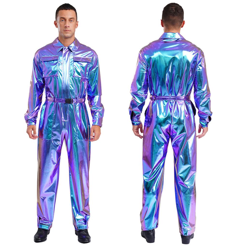 Glanzende Metallic Turn-down Kraag Lange Mouwen Hoge Taille Jumpsuit Heren Halloween Kostuum