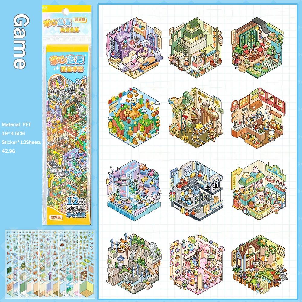 

Fun PET Die-Cut Scene Sticker Decompression Visual Stacking 3D Cabin Scene Miniature Scene Collage Games