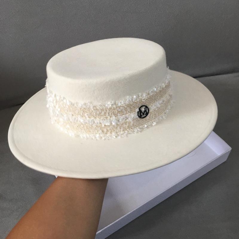 

New England Vintage Wide Brim Women Fedoras Hat Ladies Girl Autumn Winter Fashion Letter White Wool Felt Flat Top Hat Party Hat M 56-58cm білий