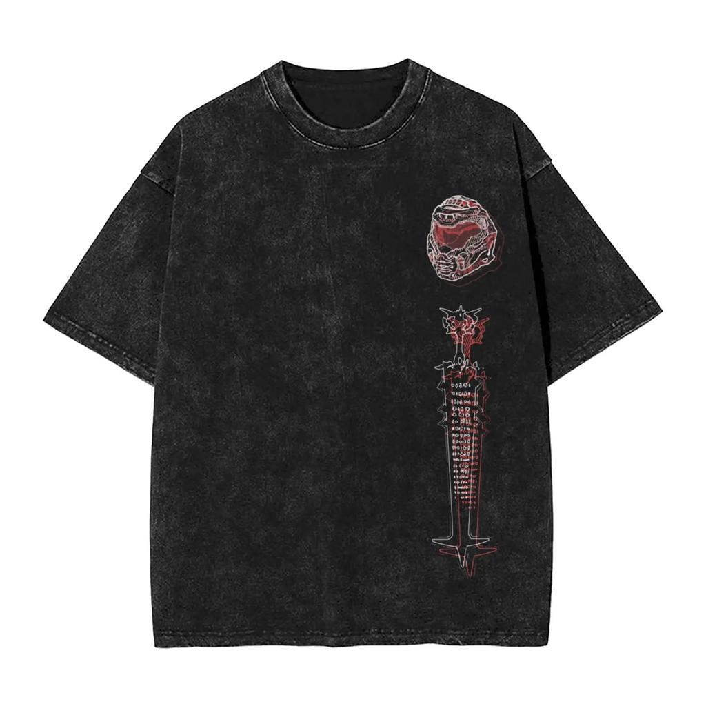 Ciemna Koszulka Oversize z Efektem Sprania Streetwear Yk Doomguy Dooms Eternal Slayer Cacodemon Koszulki Mężczyźni Kobiety Bawełna Graficzny Nadruk