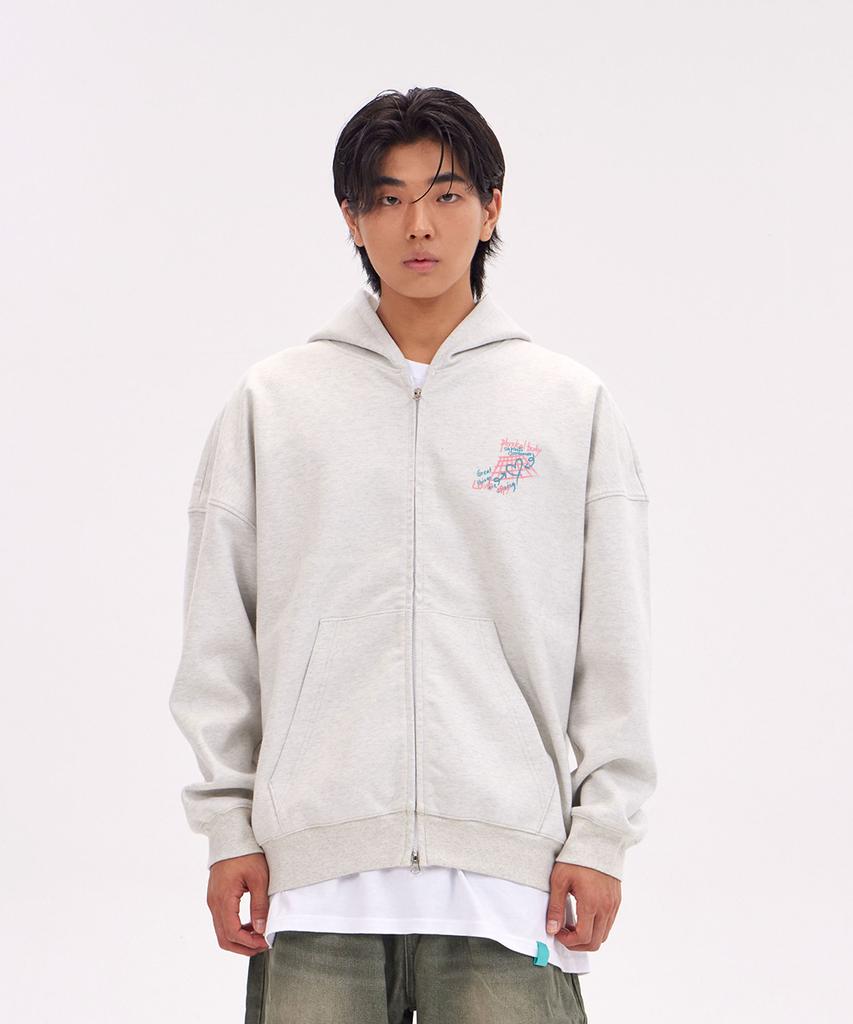 Astral Projection Graffiti Oversized Wide Shoulder Zip-Up Hoodie_Oatmeal