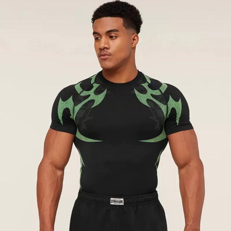 Men Sport Short Sleeve Shirt GYM Men s Muscle Fitness Sweatshirt Elastic Quick Drying for Outdoor Sports and Gym Training Top S зелёный