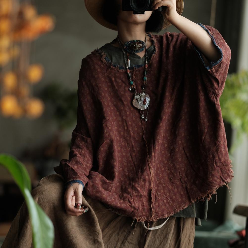 Johnature Vintage Women Red Print Floral T-Shirts Autumn O-Neck Long Sleeve Female Loose T-Shirts