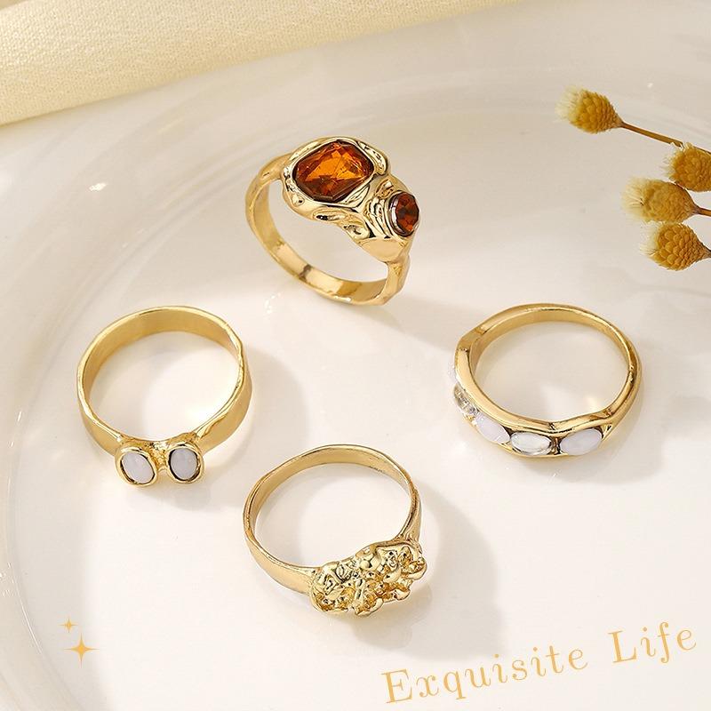 Geometric Niche Design Fashionable Retro Alloy Ring, Irregular Diamond-set Ring Set for Women