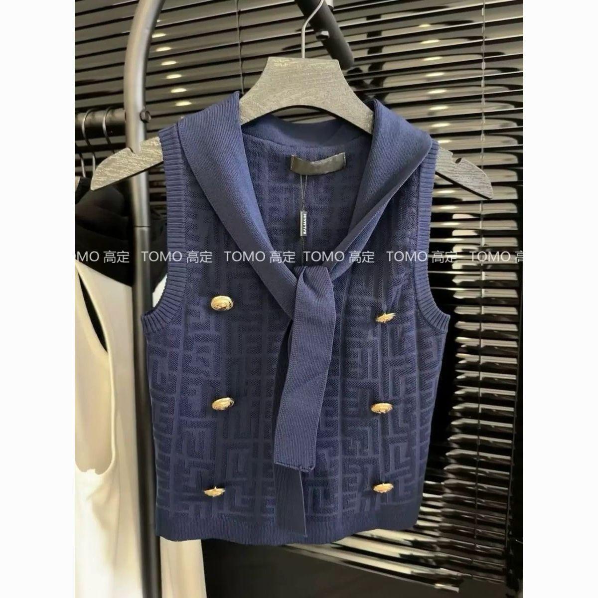 

Модный Сладкий Пряный Темперамент V-образный Вырез Бретели Свитер Женский Лето Новый Сладкий Омолаживающий Дизайн с Золотыми Пуговицами Топ без Рукавов M темно-синий