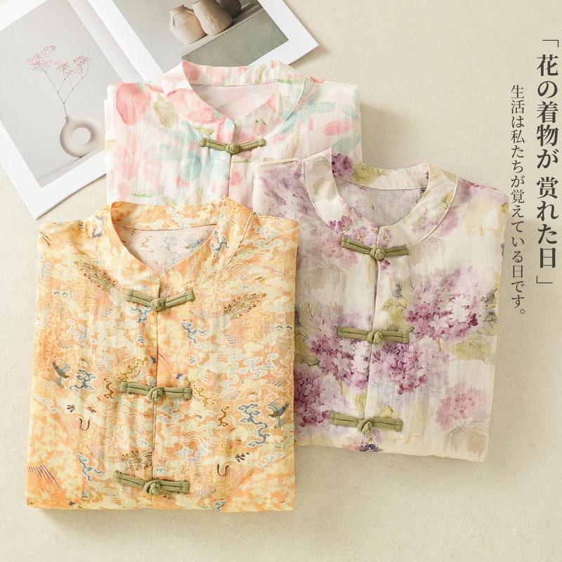 National style imitation ramie shirt women's 1116 spring new Chinese stand-up collar disc-buckle printed shoulder-length sleeve top