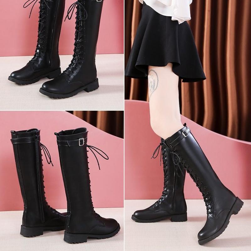 Classic Fashion Black Buckle Strap Women's Boots Winter Lace-Up Shoes Women High-Heeled Women Knee-High Long Tube Zipper Boots