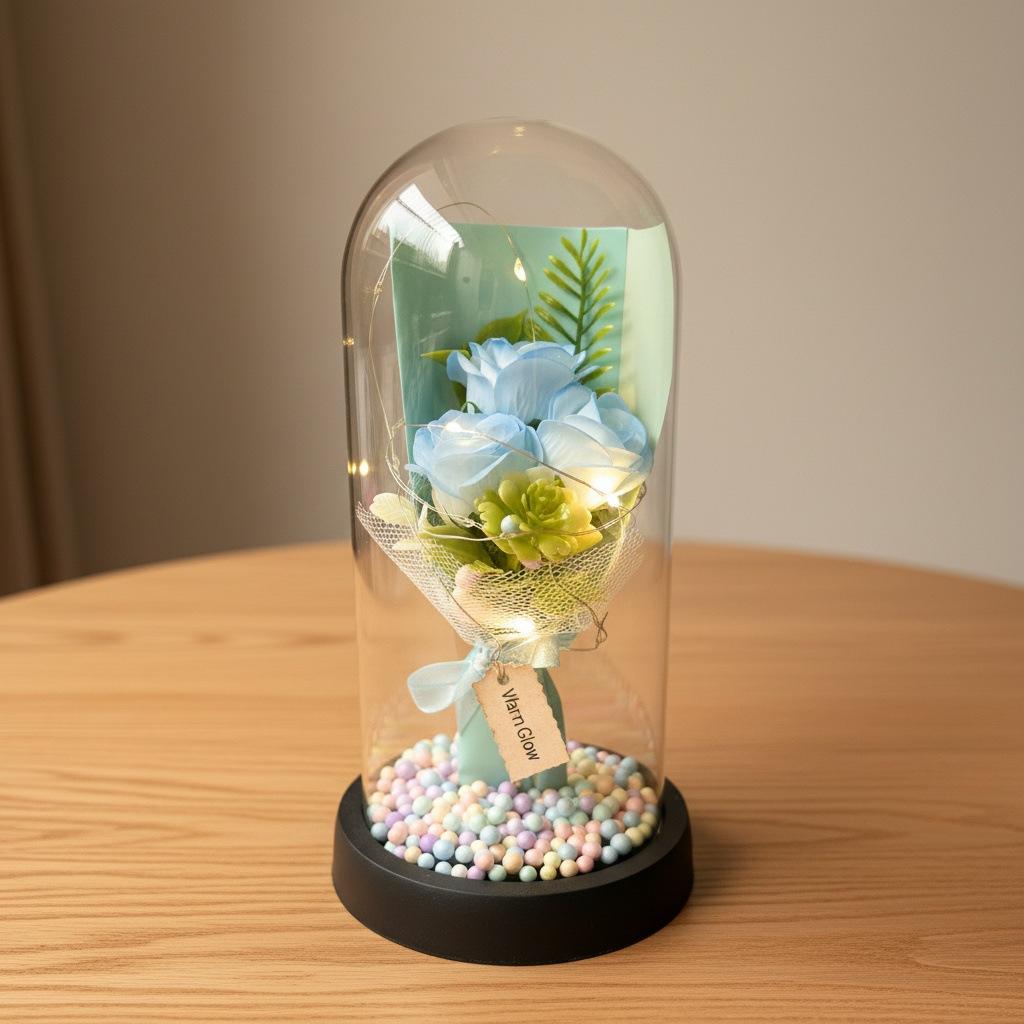 1 Artificial Rose Immortal Flower Bouquet Glass Cover Soap Flower Qixi Festival Valentine's Day Gift Creative Christmas Gift