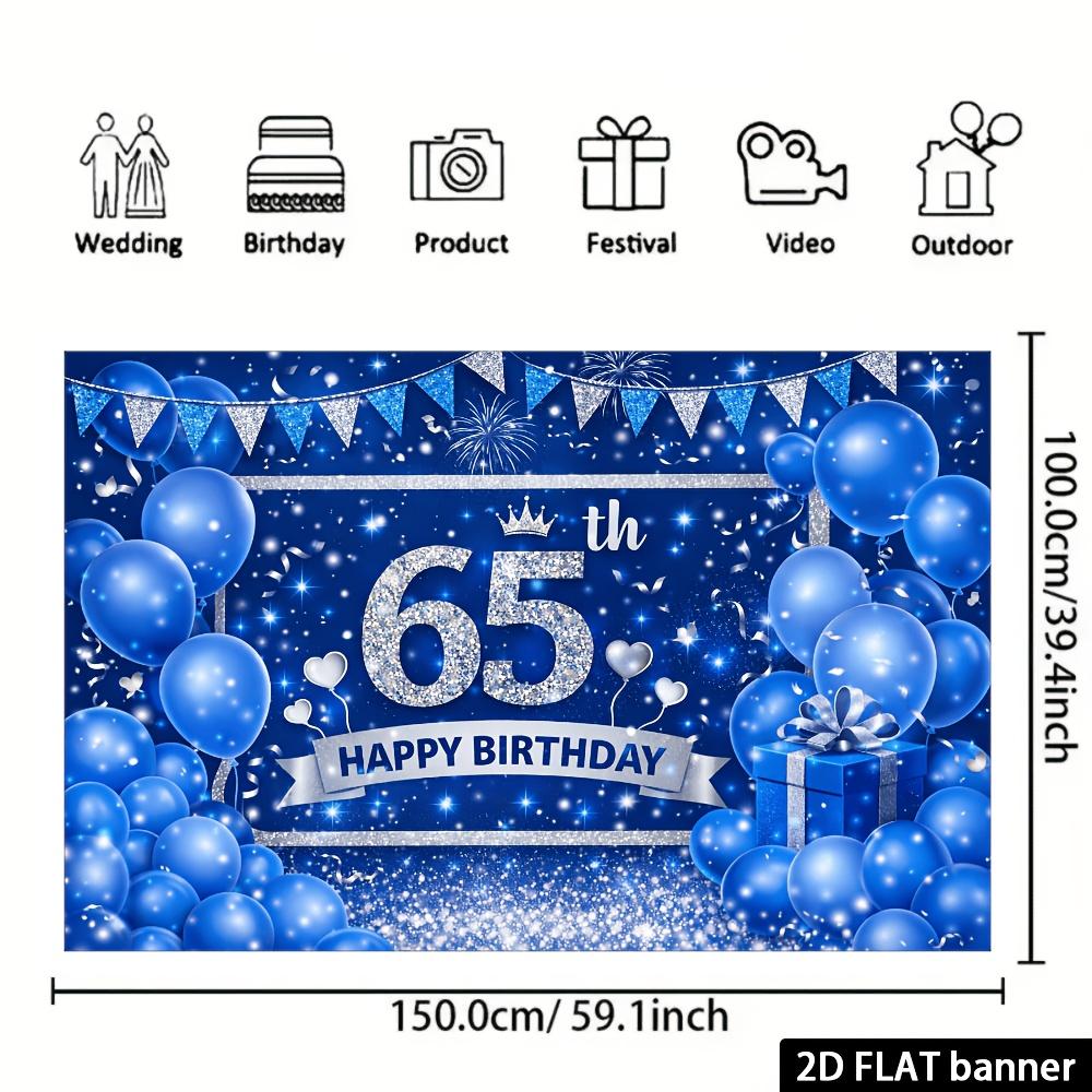 65th Birthday Party Banner Backdrop, Blue Silver Balloon Triangle Flag Firework Heart Gift, Polyester, Photo Wall Decor