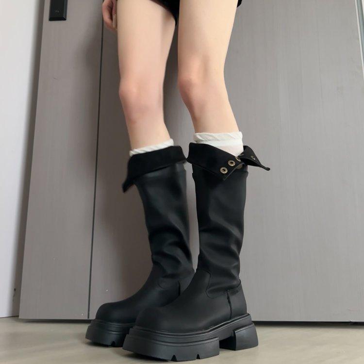 Genuine leather~ Jiaoyu pleated piled boots can be folded twice, brown long boots, thick heels and thick soles, but knee knight boots.