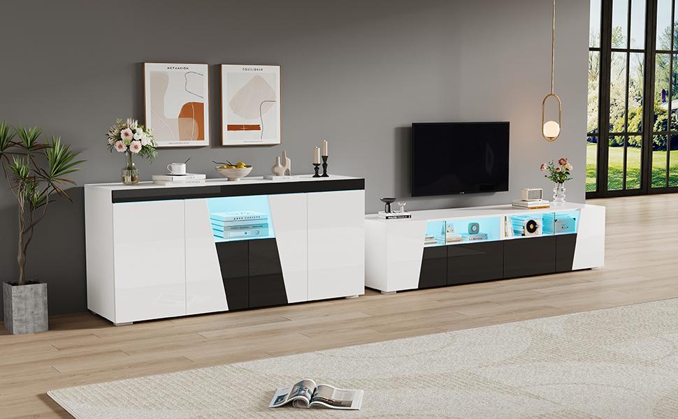 TV cabinet and side cabinet combination, 180*38.5*45cm high-gloss, LED lighting, lowboard, 140 x 40 x 65 cm, living room sideboard, black-white