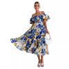 New European and American, Popular Square Neck Lantern Sleeves High Waist One-word Shoulder Dress Loose and Long