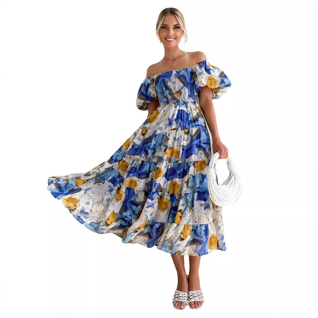New European and American, Popular Square Neck Lantern Sleeves High Waist One-word Shoulder Dress Loose and Long