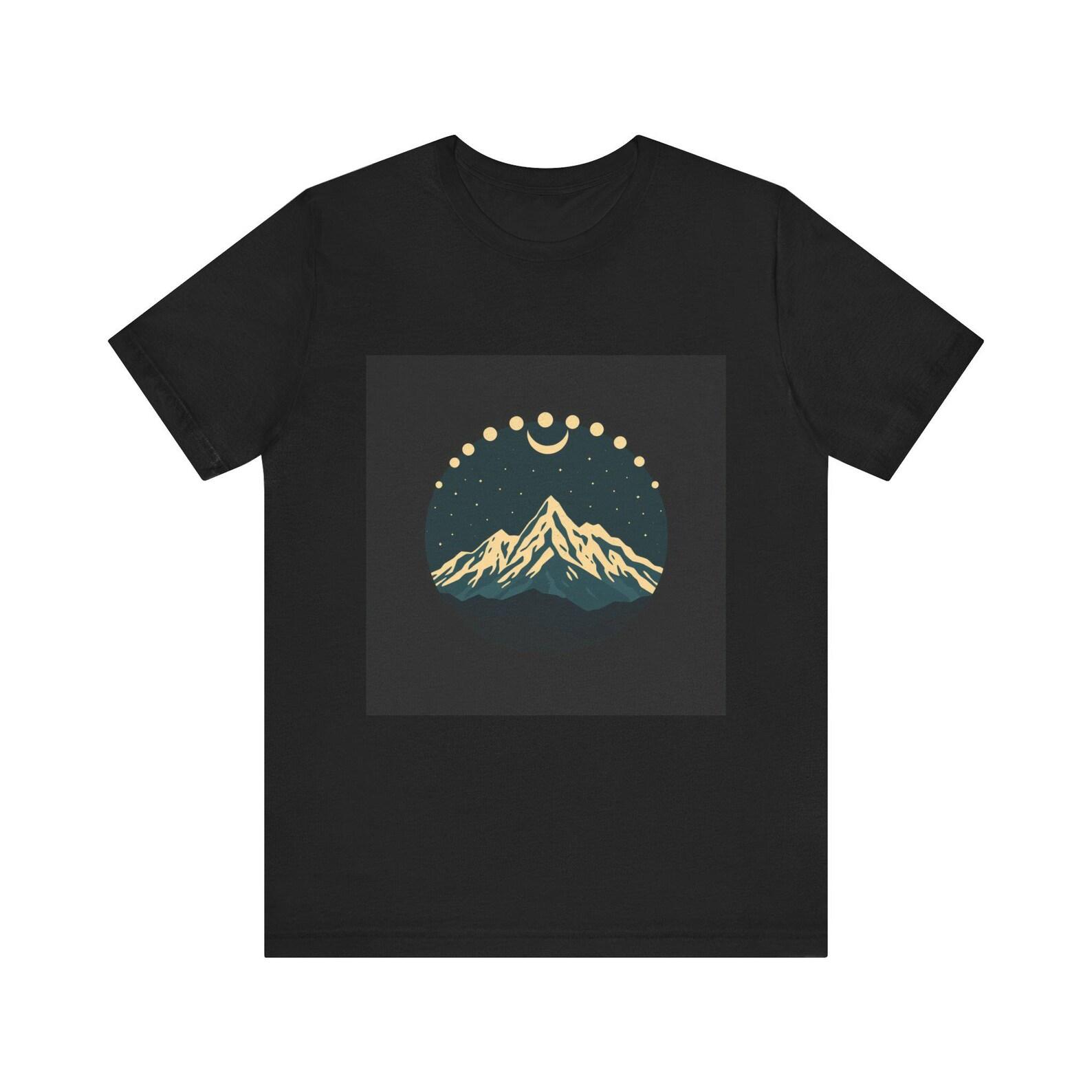 Celestial Mountain Moon T-Shirt, Retro Moon Phases Tee, Night Sky Nature Adventure Gift S