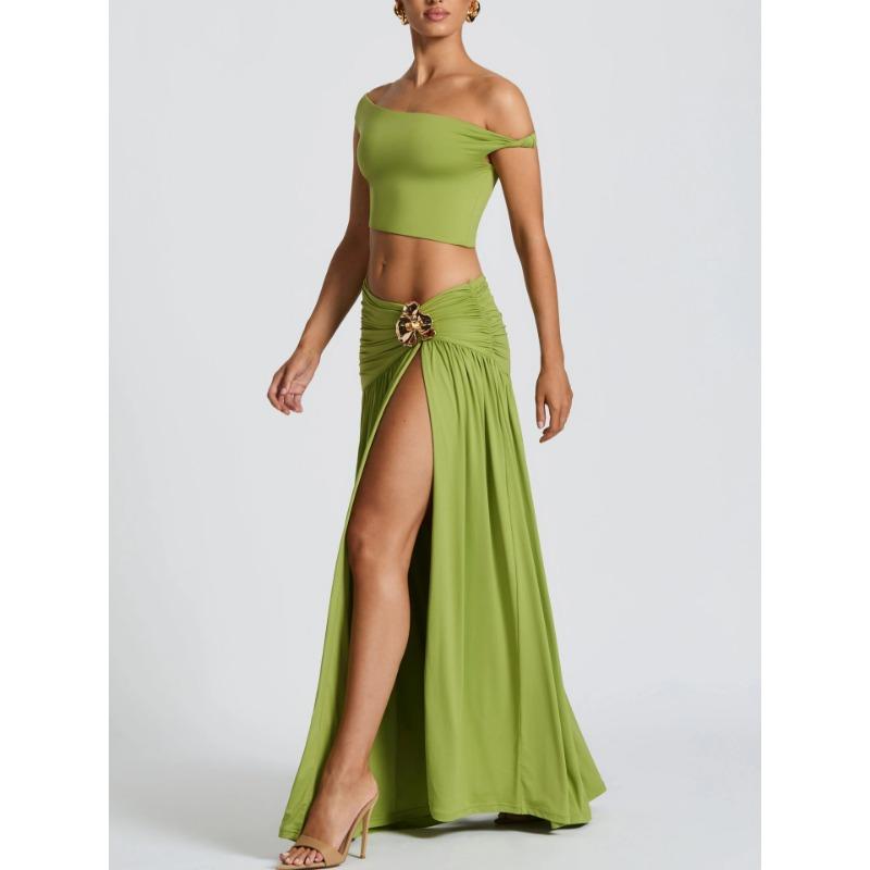 Women Sexy One Shoulder Crop Top Slit Pleated Midi Skirt Two Piece Set