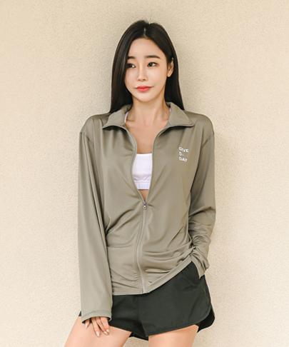 Tyubeuteuli Women'S Loose Fit Zip-Up Rash Guard B705 Olive Khaki