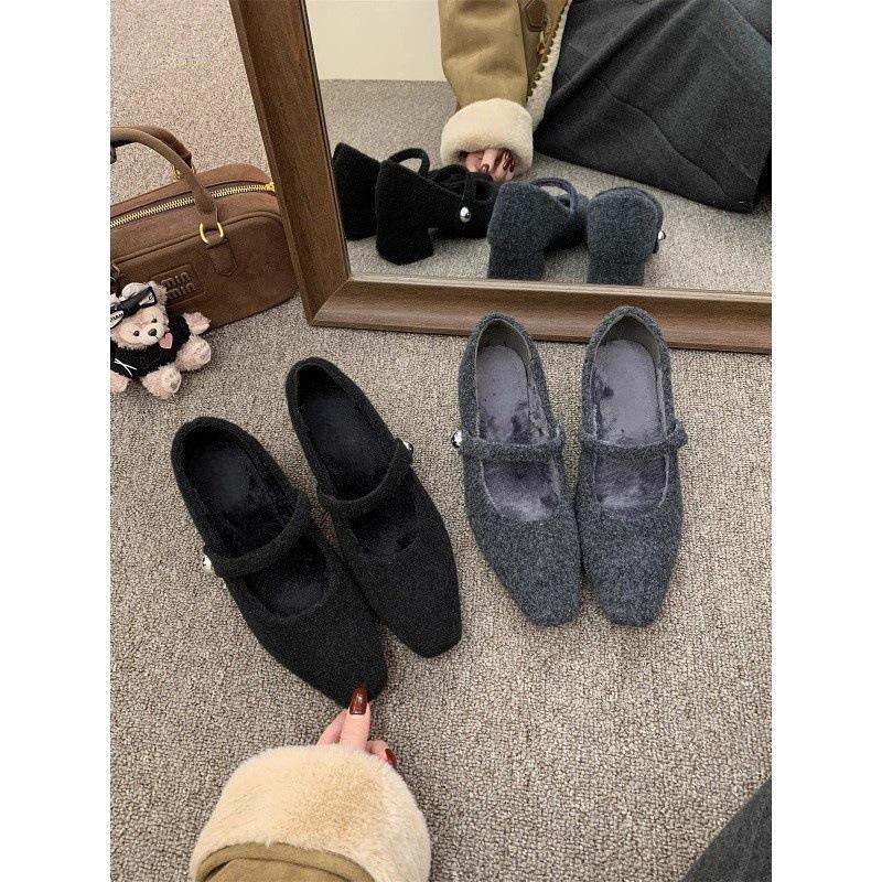 Square head gray thick heel single shoes women's winter velvet evening high heel Mary Jane fluffy shoes