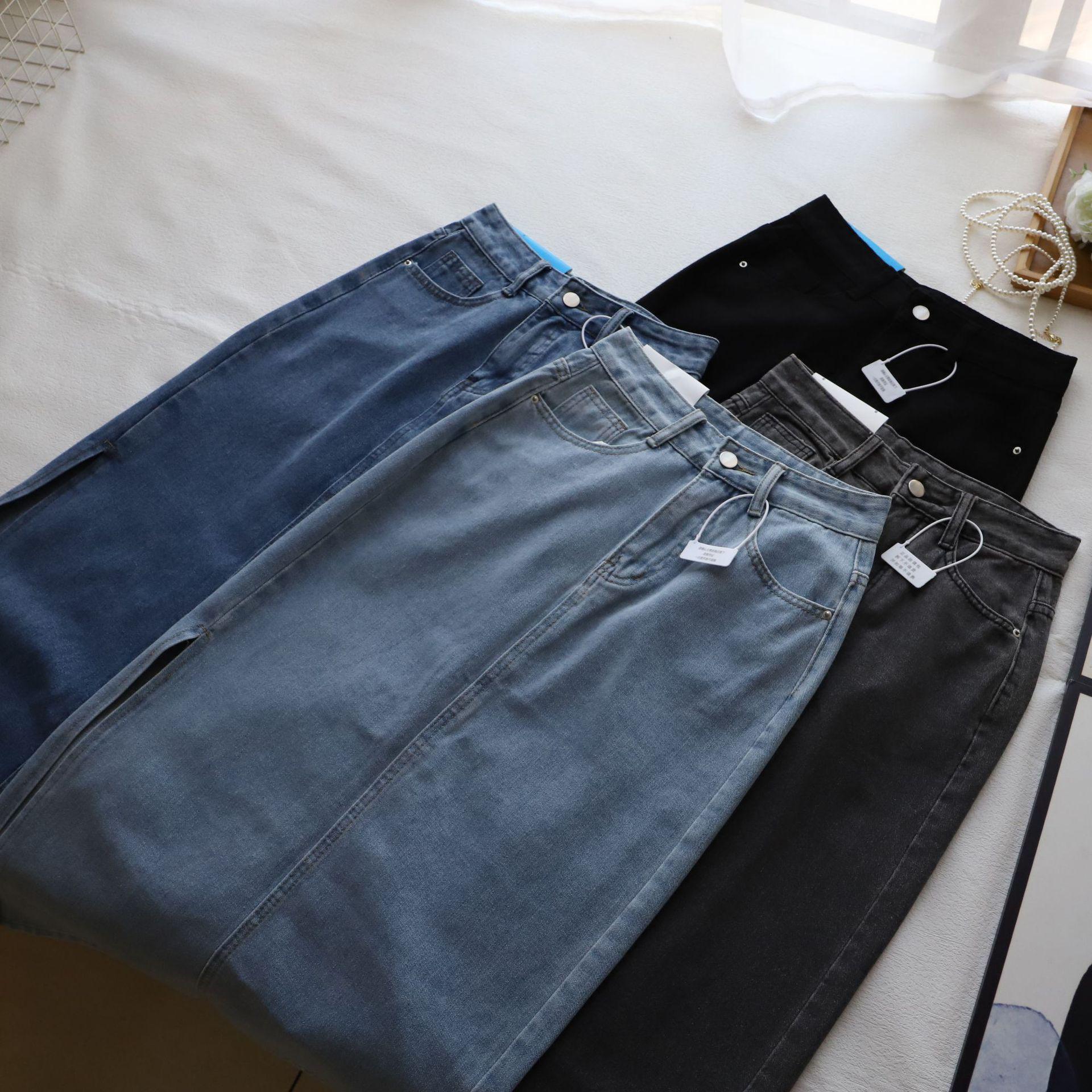 

Denim Pencil Maxi Skirt with Side Slit - 2025 Spring/Summer Korean Style Medium чорний