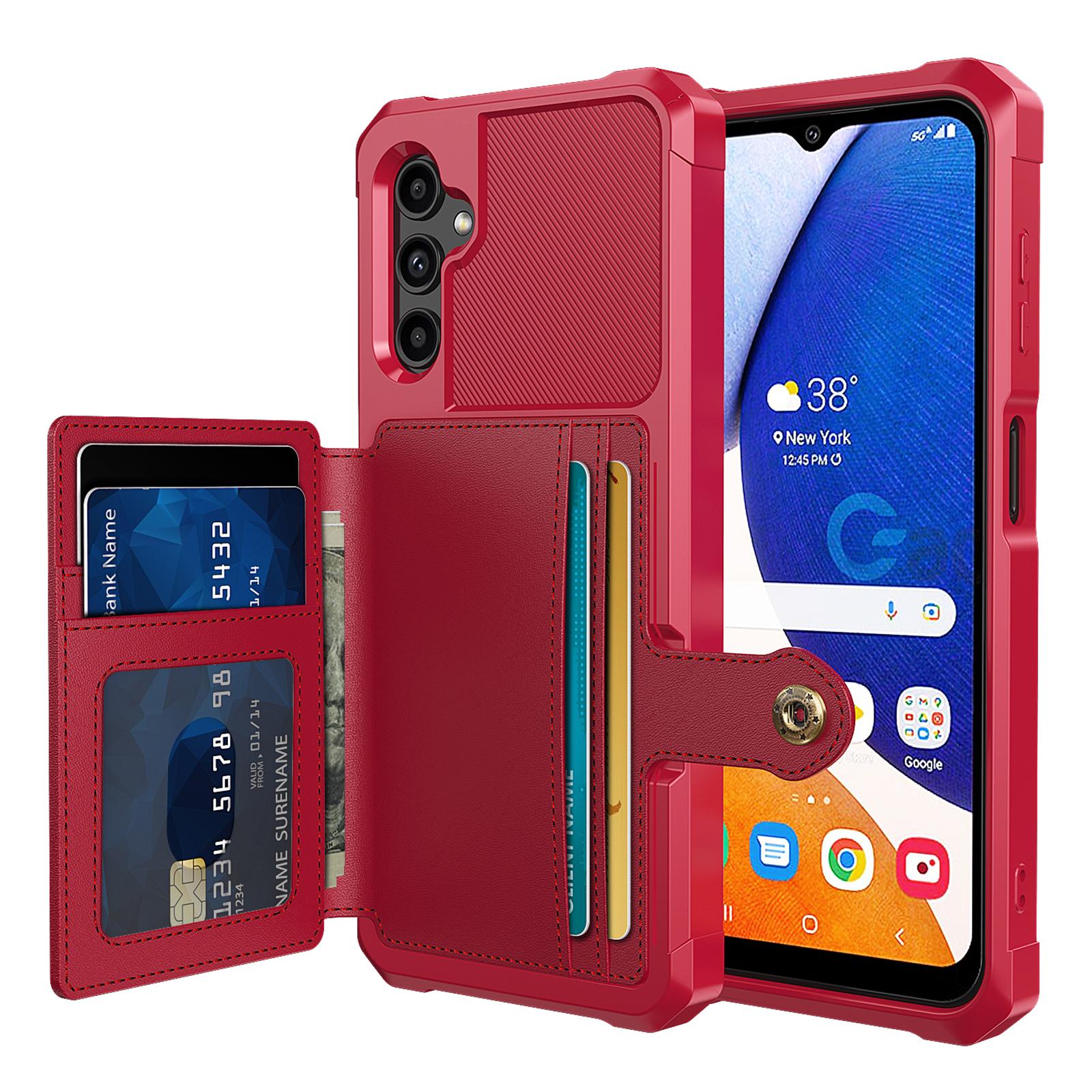 

ZM03 for Samsung Galaxy A14 5G/A14 4G Fall Protection PU Leather Coated TPU Case Card Holder Kickstand Phone Cover with Magnetic Metal Sheet Red